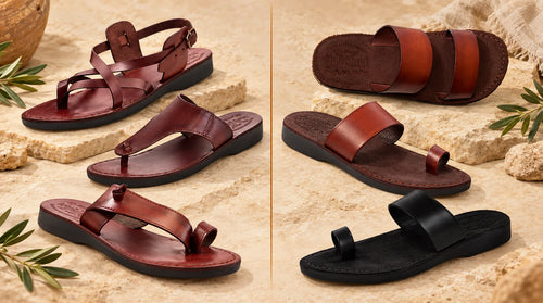 Leather vs suede biblical sandals from Holy Land Market displayed side by side on a natural beige background.
