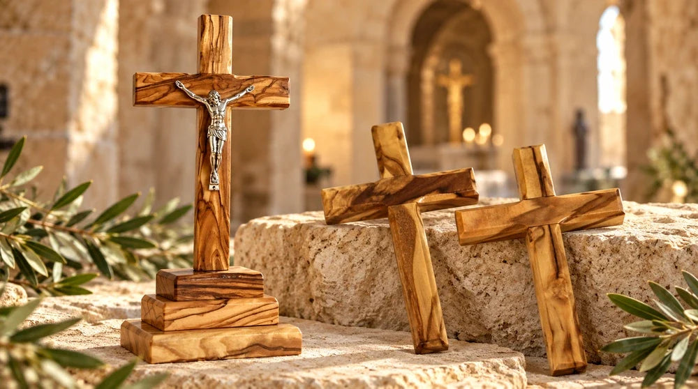 Three olive wood crosses, including a standing crucifix, displayed against a warm stone church backdrop.