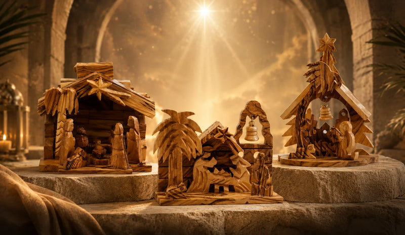 Handcrafted olive wood Christmas nativity sets displayed on stone pedestals with warm golden light in a Bethlehem-inspired setting.