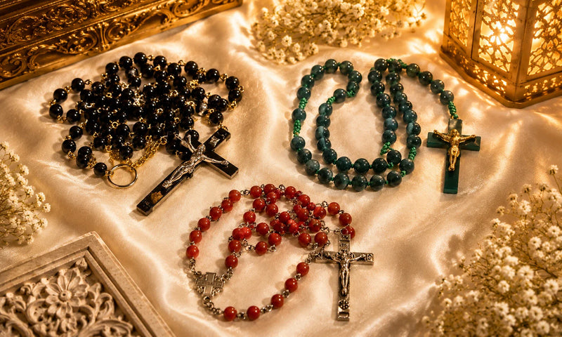 Handcrafted black, green, and red stone rosaries with crucifixes arranged on a satin cloth with decorative lantern and flowers.