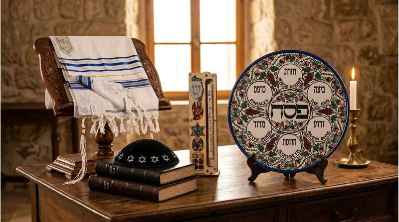 Decorative ceramic plate with traditional Jewish ceremonial items displayed on a wooden table, including a prayer shawl, books, kippah, candle, and ritual objects in a warm stone interior.