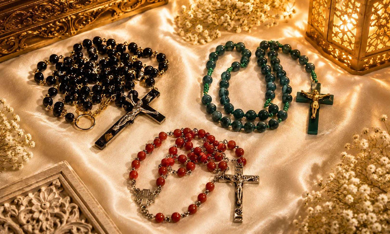 Handcrafted black, green, and red stone rosaries with crucifixes arranged on a satin cloth with decorative lantern and flowers.