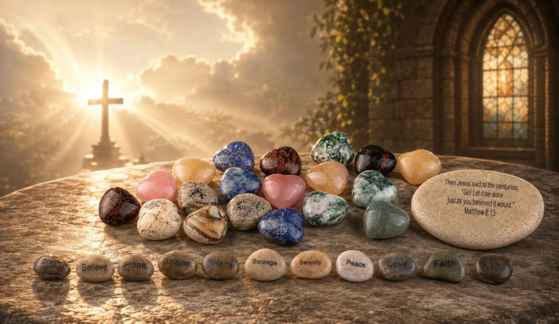 Collection of polished inspirational stones engraved with words of faith, hope, peace, and love displayed in a sunlit outdoor setting.
