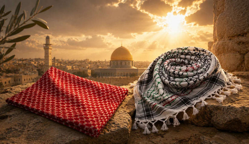 Traditional Middle Eastern souvenir scarves displayed on stone ledges overlooking Jerusalem at sunset.