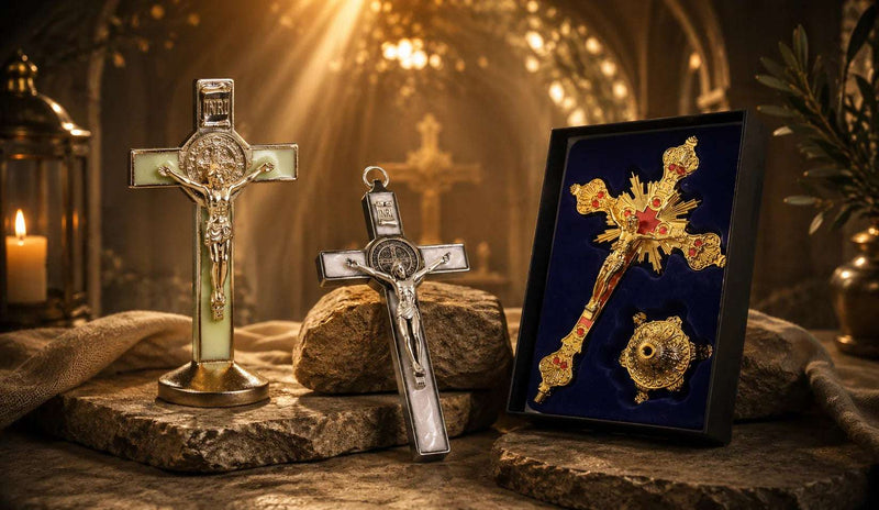 Ornate Christian metal crosses and crucifixes displayed on stone surfaces in a softly lit church-inspired setting.