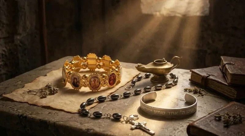 Religious jewelry collection featuring bracelets, necklaces, and engraved cuffs arranged on a rustic table with warm rays of light.