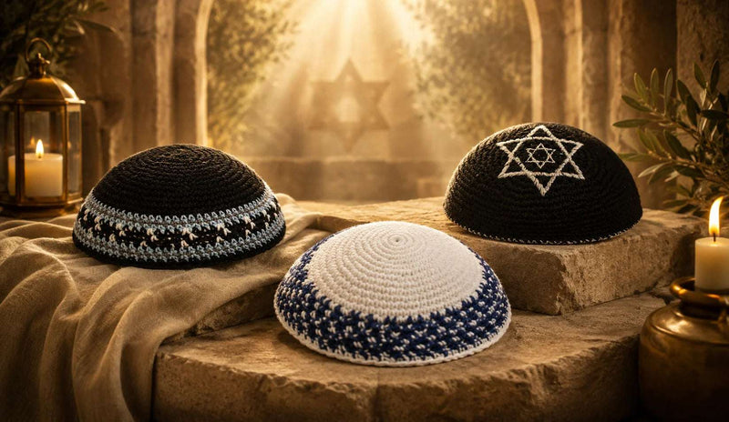 Traditional knitted Jewish kippahs in black, white, and blue displayed on stone surfaces with soft candlelight and a Jerusalem backdrop.