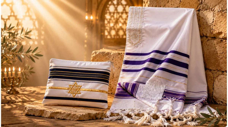 White Jewish prayer shawl with blue and gold stripes and matching pouch displayed in warm sunlight against ancient stone walls.