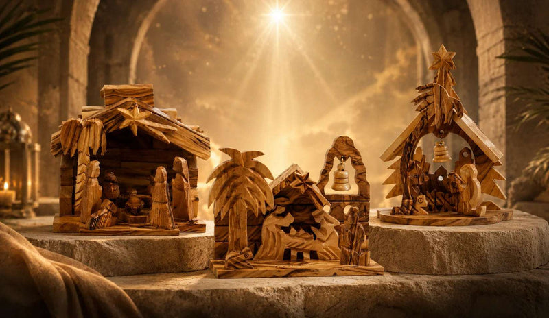Handcrafted olive wood Christmas nativity sets displayed on stone pedestals with warm golden light in a Bethlehem-inspired setting.