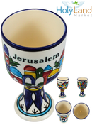 Holy Land Market Armenian Ceramic Wine Goblet – Jerusalem City Walls & Old City Design – Large 13.5 oz Hand-Painted Cup for Communion or Shabbat Kiddush – 6.5 Inch