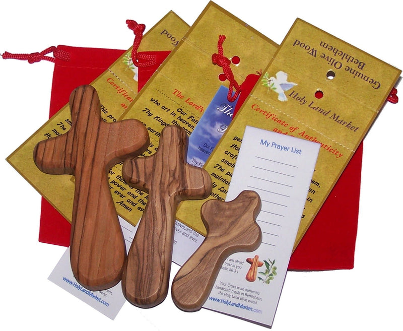Holy Land Market Three Olive Wood Comfort Handheld Crosses with Velvet Bags & Lord's Prayer Cards - Set of Three Sizes