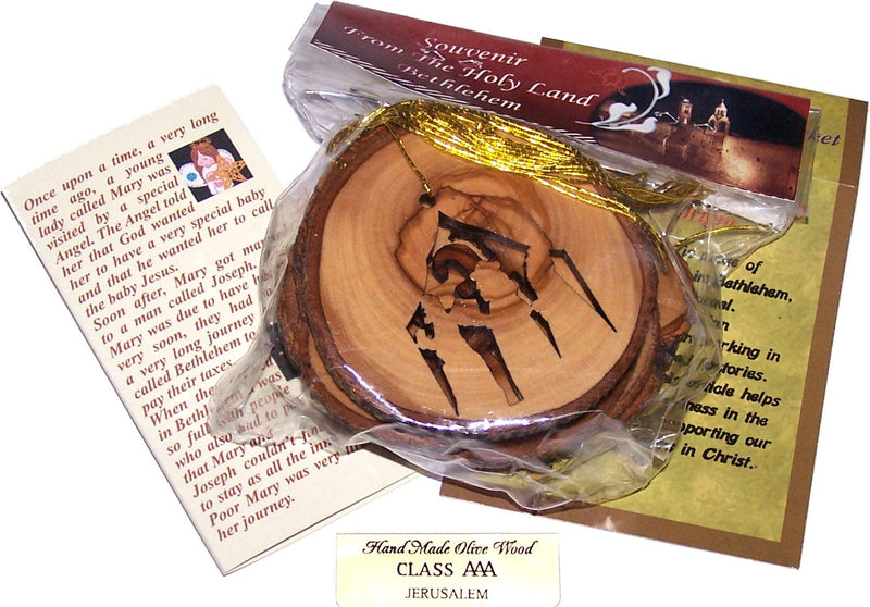 Holy Land Market Olive Wood Complete 7-Piece Christmas Bark Natural Ornament Set. Nativity Story