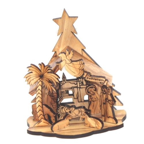 Holy Land Market One Piece Olive Wood Nativity Carved by Laser (13.5 cm or 5.25 inches)