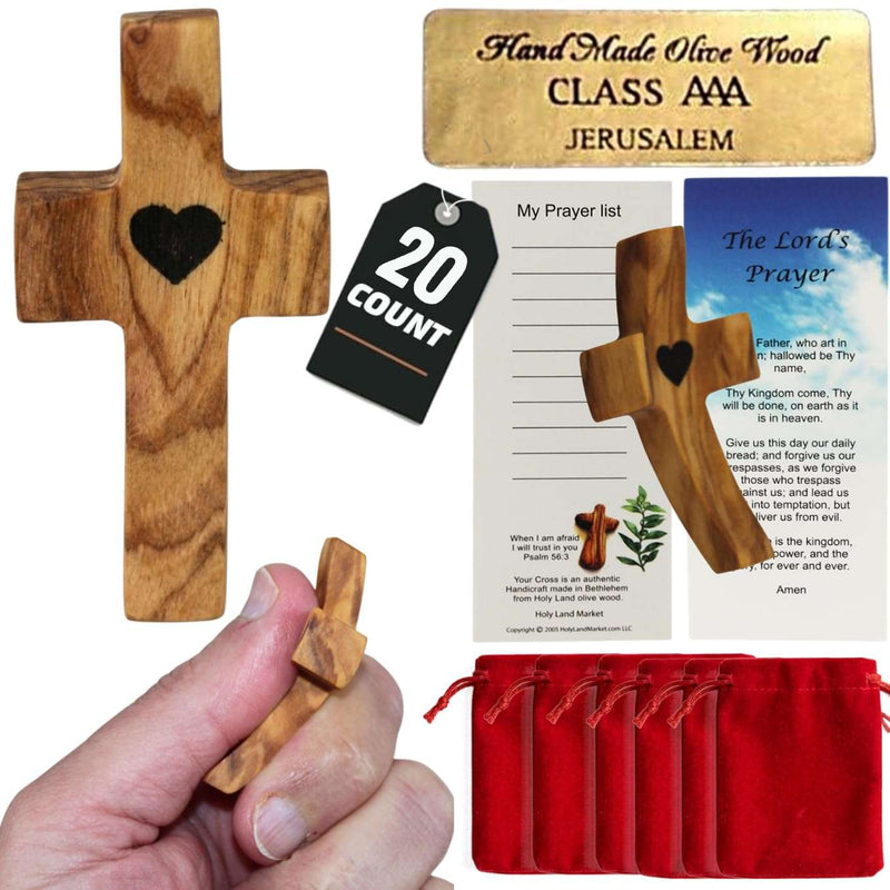 Set of 20 Olive Wood pocket worry crosses from Bethlehem with certificate and velvet pouch