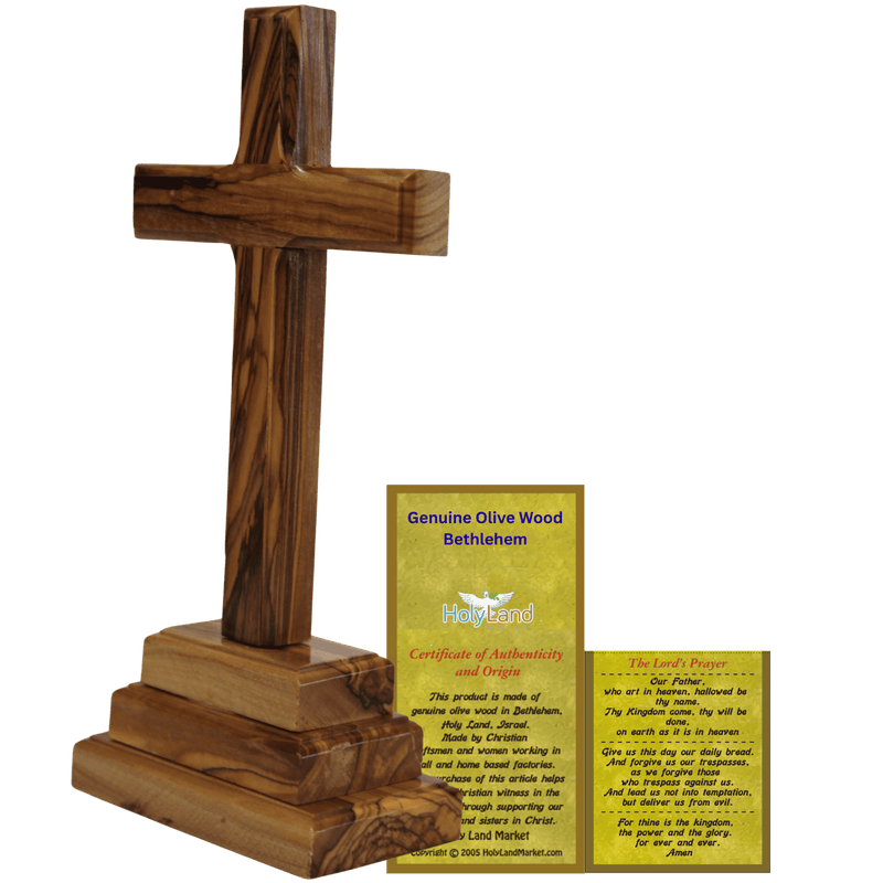 Mercado de Tierra Santa cruz de altar de madera de olivo de pie – Tallada a mano en Belén por artesanos cristianos – Crucifijo de mesa con certificado de autenticidad y tarjeta de oración – Madera de olivo genuina de Tierra Santa