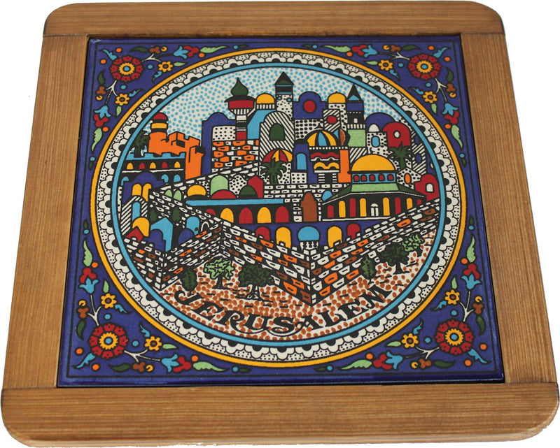 Jerusalem old city skyline tile with domes, walls and olive trees