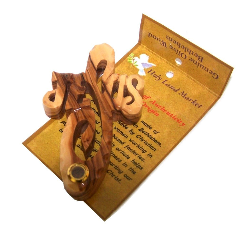 JESUS thick and hand carved olive wood Cross with Soil from Bethlehem - Hanging (11cm or 4.3 inches) with Certificate