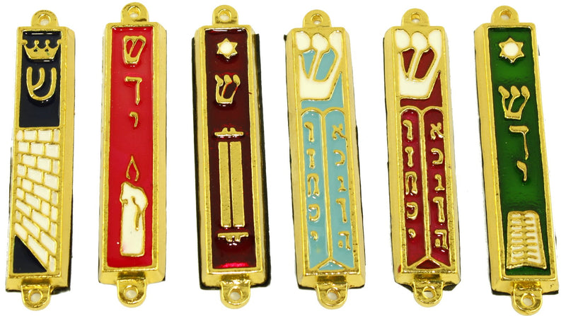 A Set of 6 Gold Plated Mezuzahs with Different enameled Themes. Each is About 3 Inches.