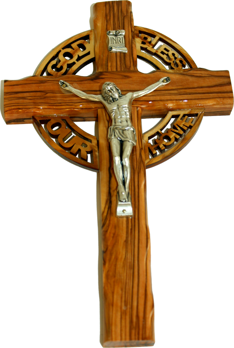 Celtic God Bless Our Home Holy Land Handmade Wall Olive Wood Catholic Crucifix - 10 Inches