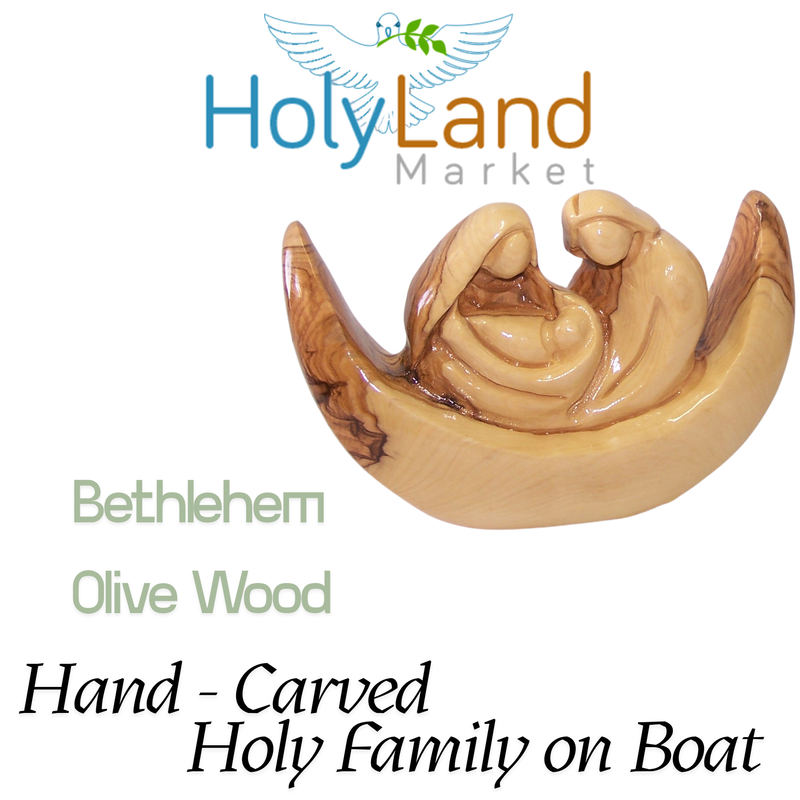 Holy Land Market Olive Wood Holy Family on Boat – Hand-Carved by Christians in Bethlehem – Mary, Joseph & Baby Jesus Figurine with Certificate of Authenticity, Prayer Card & Nativity Story Booklet