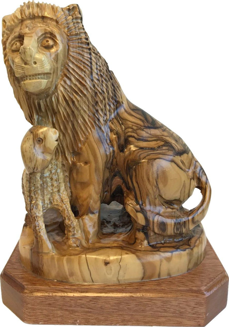 Holy Land Market Lion with Lamb - olive wood figure - one piece, Revelation 5:5-6 (20x16x12 or 8x6.5x5 inches)