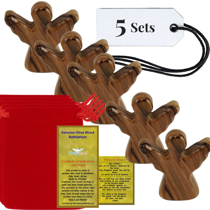 Five olive wood angels with red pouches and certificates, 5 Sets tag