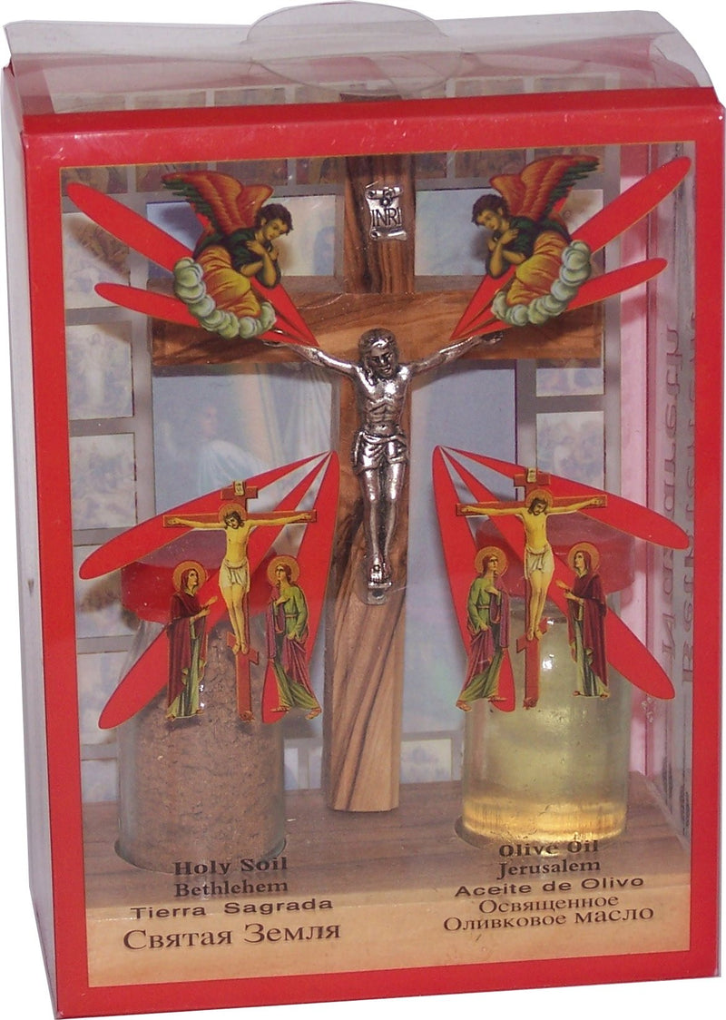 Holy Land Market Religious Samples with certificate and olive wood Table Crucifix