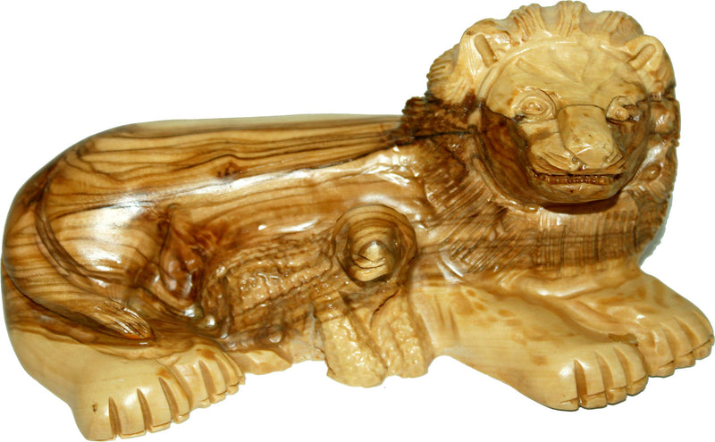 Holy Land Market Olive Wood Figure of The Lion and Lamp Resting (7 Inches Long)