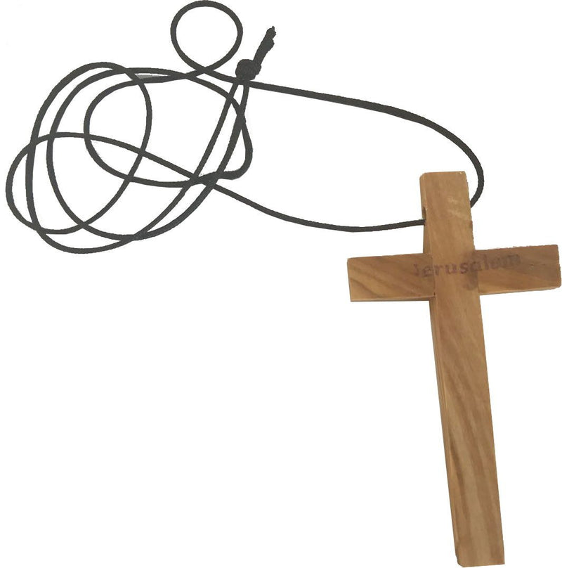 Thick hand carved olive wood simple Cross - necklace - ( 9cm or 3.5 inches ) with Certificate