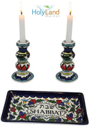 Holy Land Market Shabbat Candlesticks Set - Colorful Ceramic Shabbat Candle Holders Set with Matching Plate for Holidays