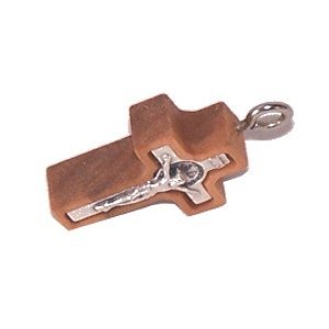Olive wood Cross with Embedded pewter St. Benedict Crucifix - Latin (2.2cm - 0.9") - 5mm thick