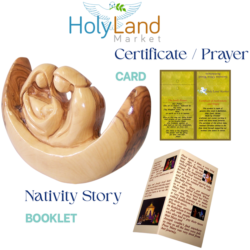 Holy Land Market Olive Wood Holy Family on Boat – Hand-Carved by Christians in Bethlehem – Mary, Joseph & Baby Jesus Figurine with Certificate of Authenticity, Prayer Card & Nativity Story Booklet