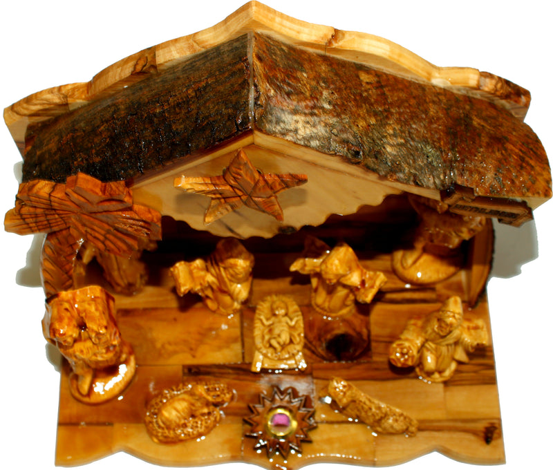 Holy Land Market Musical Olive Wood Nativity Set with Rustic Stable (Bark Roof) - Glued Alabaster Pieces