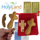 Holy Land Market Hand Carved Olive Wood Comfort Set – Made by Christian Artisans in Bethlehem – 2” Thumb & 2.5” Holding Crosses with Velvet Bag, Certificates & Prayer Cards – Authentic Holy Land Faith Gift