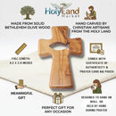 Wooden Pocket Cross - Bethlehem Olive Wood - 3-in-1 Design: Standing, Hanging, or Holding - Hand-Carved Fish Silhouette - Includes Velvet Pouch, Prayer Card, & Certificate (4.2 Inches)