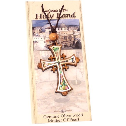 Jerusalem Cross Olivewood with Mother of Pearls (60cm / 23.5 inches, Cross is 5cm or 2 inches)