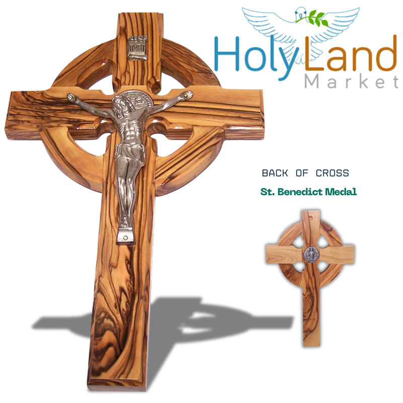 Holy Land Market 6" Celtic Olive Wood Wall Crucifix – Handmade in Bethlehem with Metal Saint Benedict Medal (Front & Back), Certificate, Prayer Card & Medal Explanation – Solid Olive Wood Cross