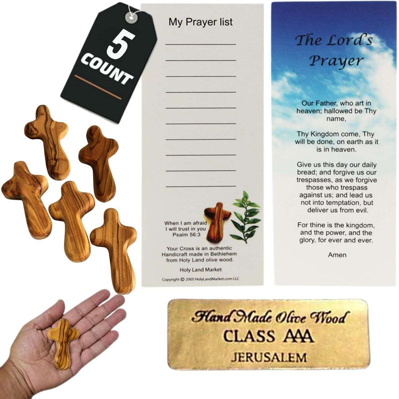 Five olive wood holding crosses with prayer list and prayer card