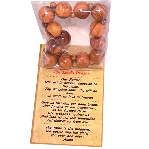 Elastic Olive wood religious bracelet with Silver tone Jerusalem Cross (Large) *** Packed as a gift with special Certificate of Authenticity and origin and a FREE Lord's Prayer gift card