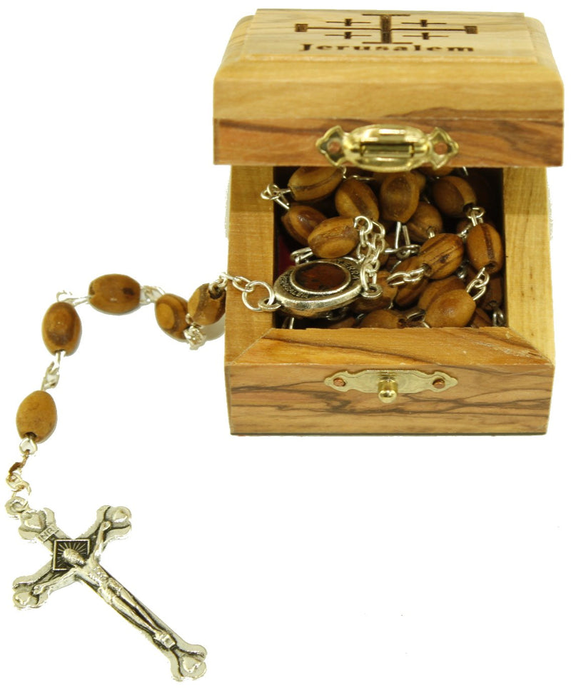 First Communion Rosary and Box from Bethlehem Olive wood (Jerusalem Cross - Laser) with Rosary