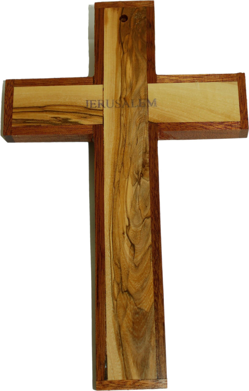 Holy Land Market Catholic Church Olive Wood with Mahogany Wood Crucifix with Holy Land Samples (26 cm - 10.25 Inches)