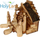 Mercado de Tierra Santa Juego de Natividad Tradicional de Madera de Olivo - Establo de Belén de Estilo Antiguo, 12 Piezas Hechas a Mano - Decoraciones Navideñas para Interiores, Decoración de Mesa con Folleto