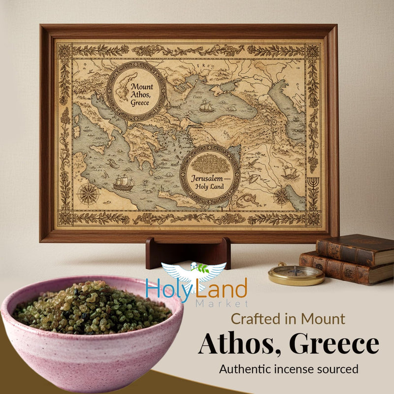 Mount Athos map banner with pink bowl of dark green myrrh granules