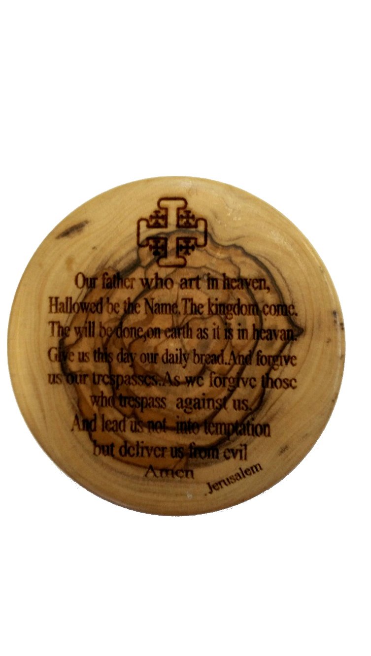 Holy Land Market Olive wood Lord`s prayer box (7x3cm or 2.8x1.2 inches) with Certificate