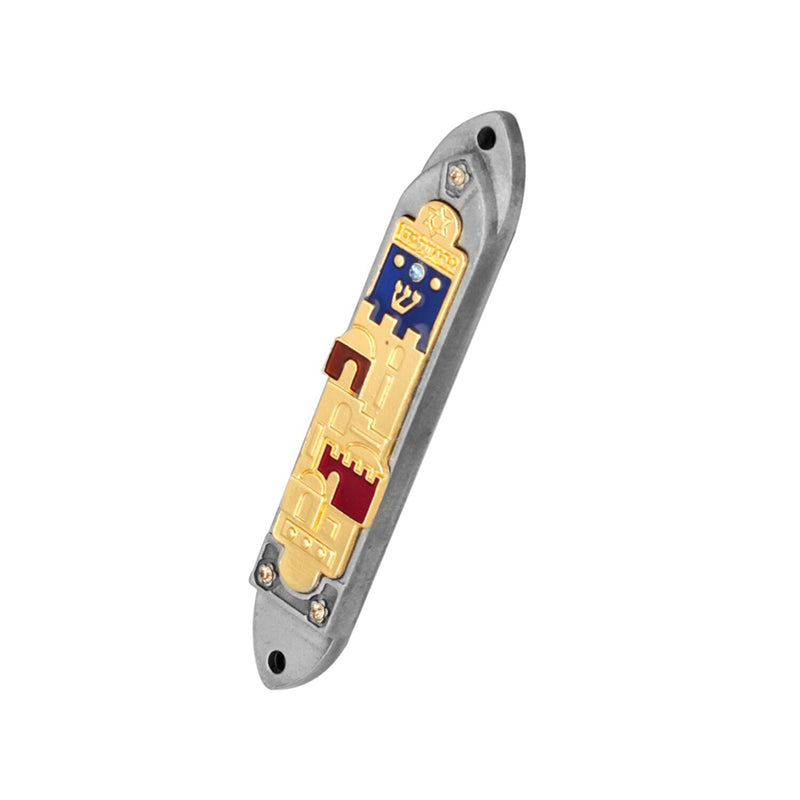 Holy Land Market Pewter Jerusalem Panorama or Walls of Old City with Blue and red Enamel Inserts - Mezuzah