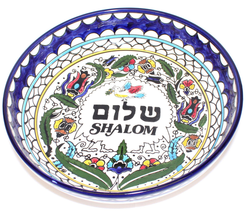 Shalom/Peace with pigeon Armenian ceramic Bowl - Large II (11 inches or 28cm in diameter) - Asfour Outlet Trademark