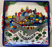 Armenian Ceramic Square Matzah Plate 9.5 x 9.5 x 1.25 Inch, 11 Inch with Handles, Jerusalem City