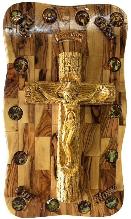 Placa de pared de madera de olivo con crucifijo de alabastro y estaciones de la cruz (40 cm - 15.5 pulgadas)