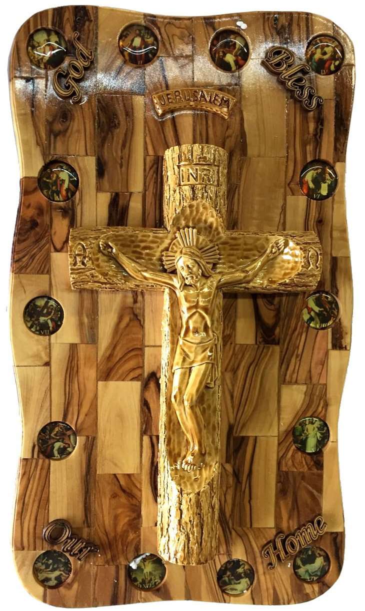 Placa de pared de madera de olivo con crucifijo de alabastro y estaciones de la cruz (40 cm - 15.5 pulgadas)