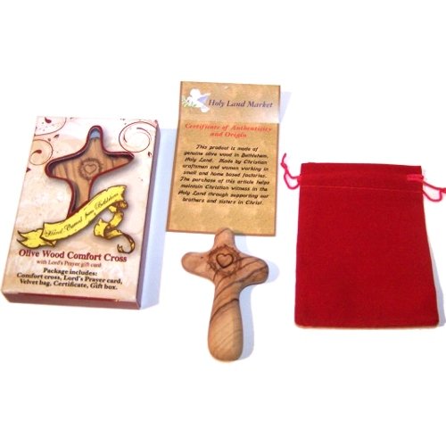 No Greater Love Olive Wood Comforting Cross Engraved with Crown of Thorns and Heart of Our Lord Package. Comes with Gift Box,Velvet Bag & Lord's Prayer Card - 2.75" Cross